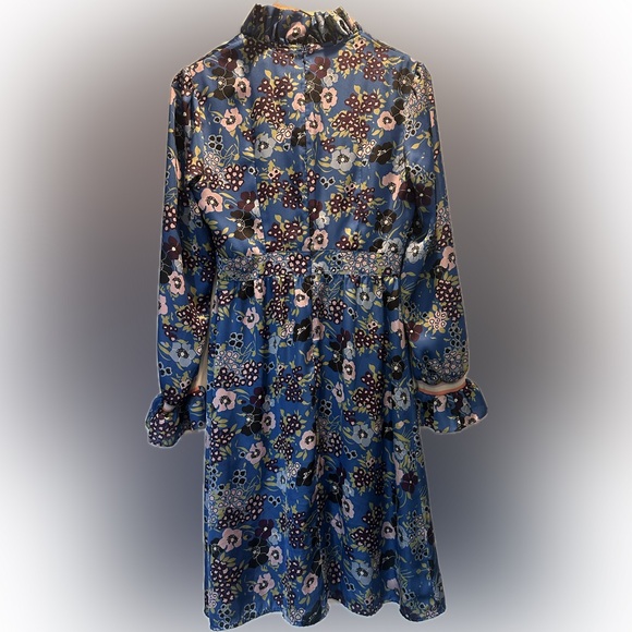 Manoush Blue Floral Long Sleeve Dress with Ruffle Collar - Picture 6 of 8